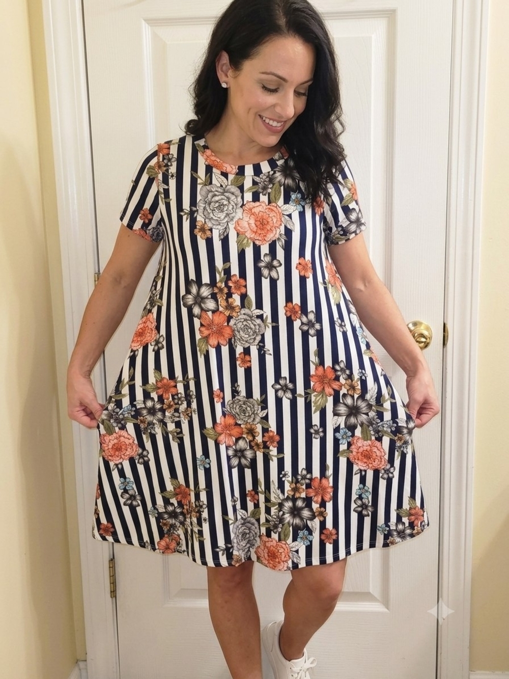 Cotton Blue Floral Striped Swing Dress Pocket Size Small